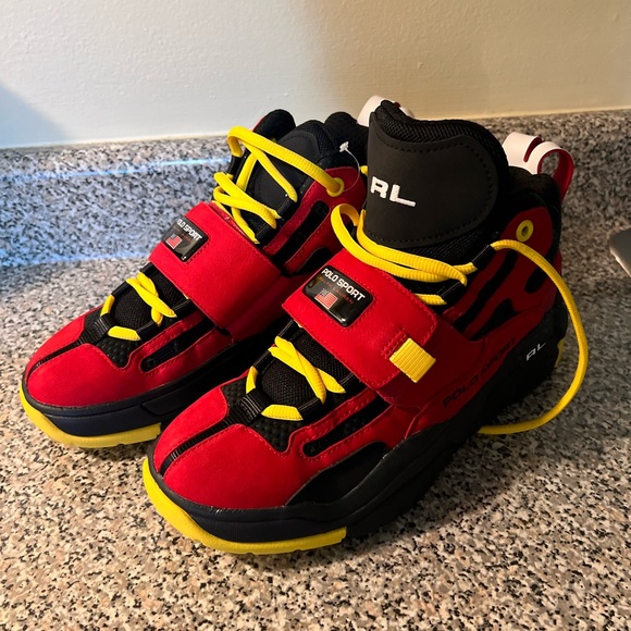 Ralph Lauren Polo Sport PS100 Mens High Top Shoes Red Black Yellow size 9.5 NEW - Picture 1 of 7